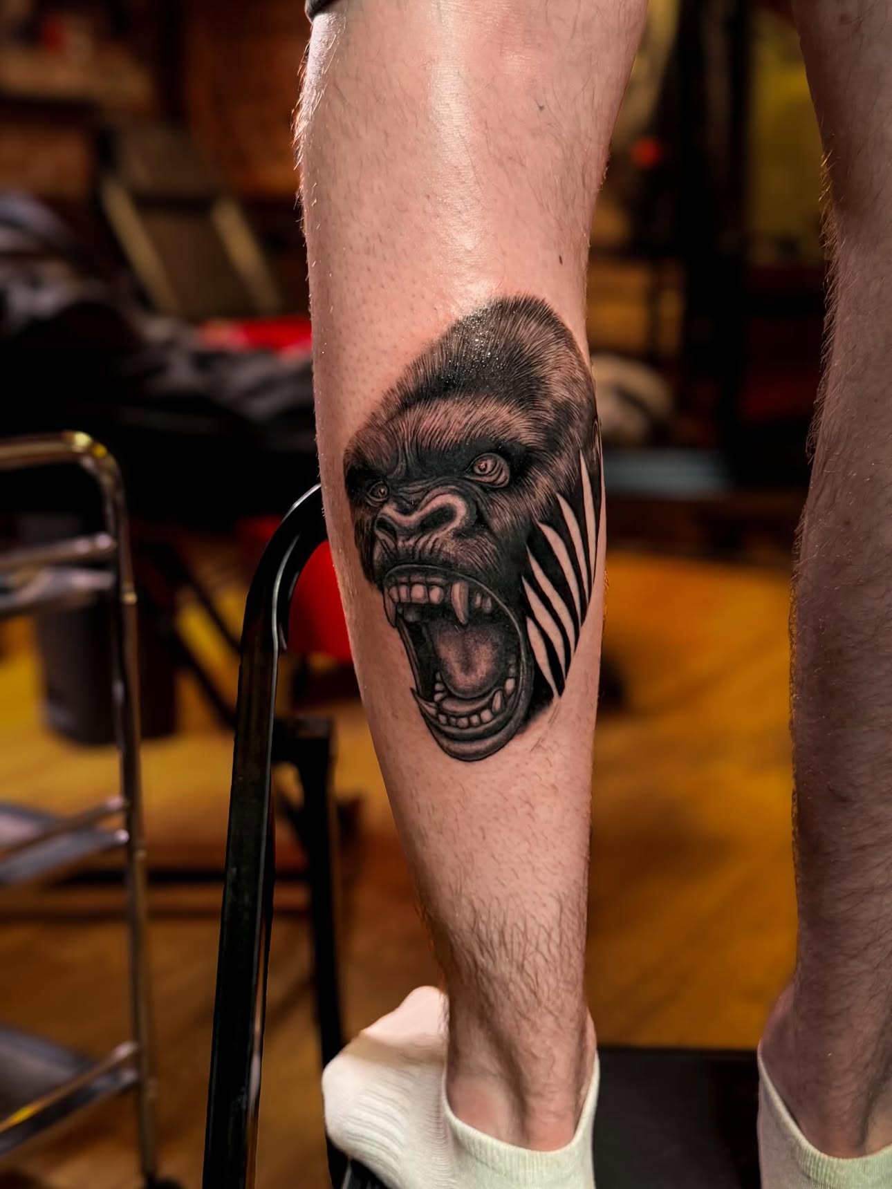 Gorilla calf tattoo by Jason Chamberlain