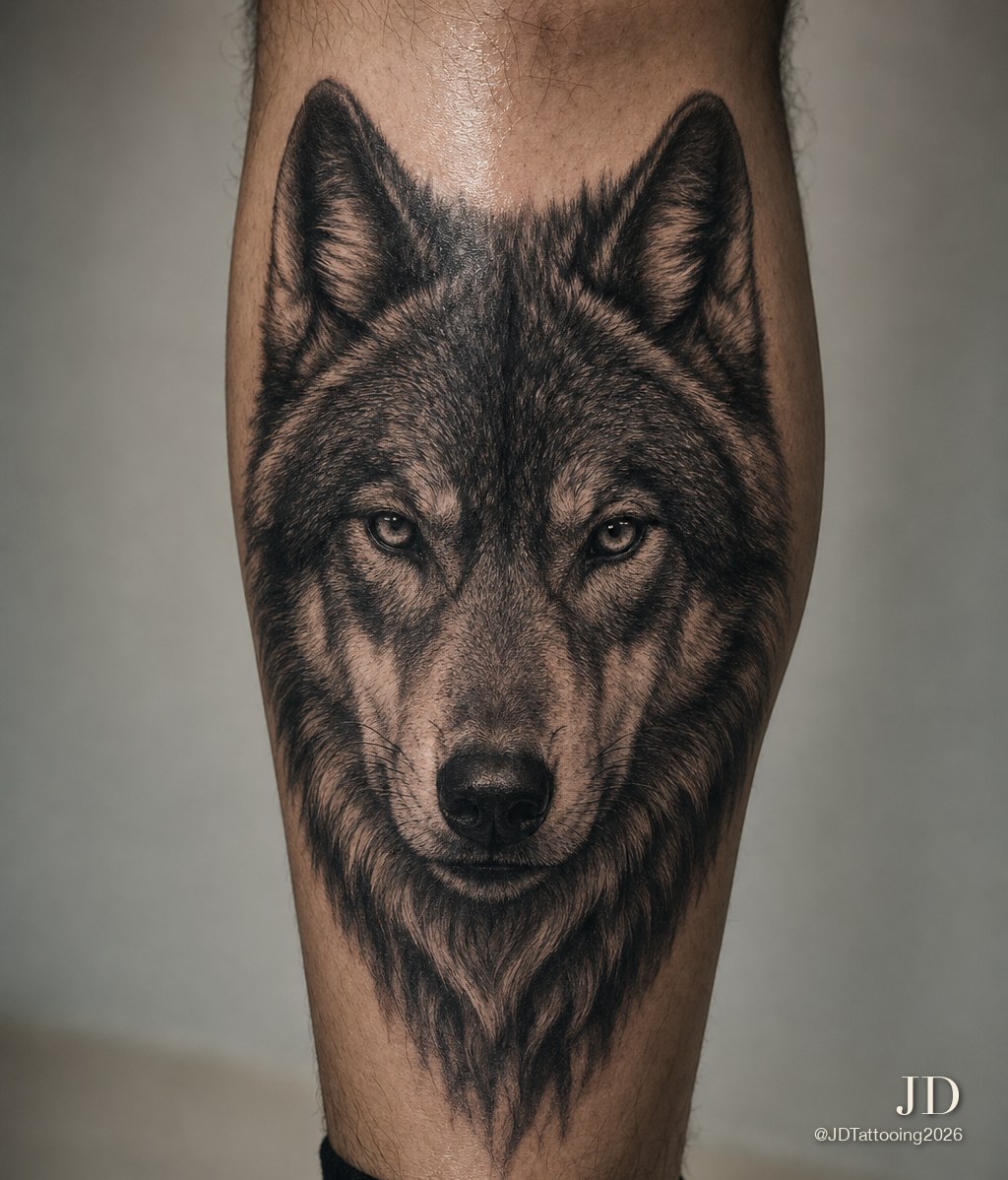 Black-and-grey wolf calf tattoo by JD Tattooing