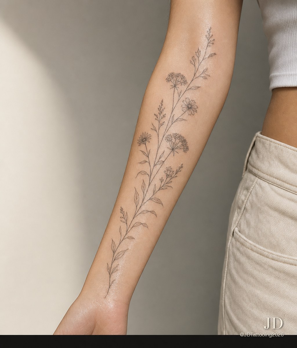 Fine-line floral tattoo by JD Tattooing