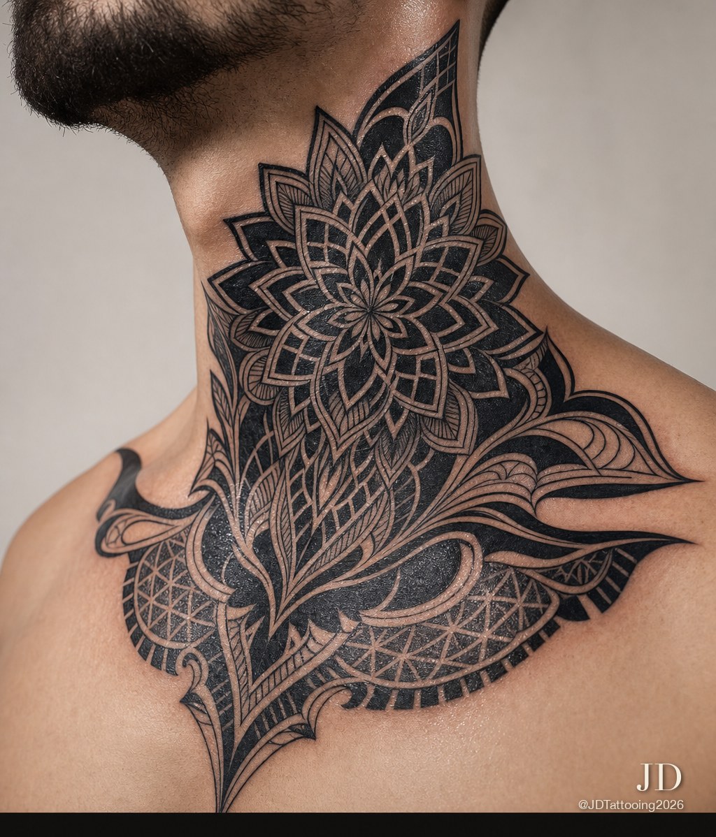 Neck blackwork tattoo by JD Tattooing