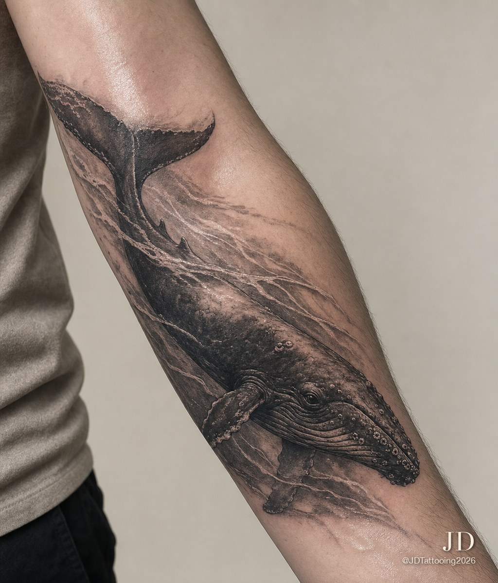Humpback whale forearm tattoo by JD Tattooing