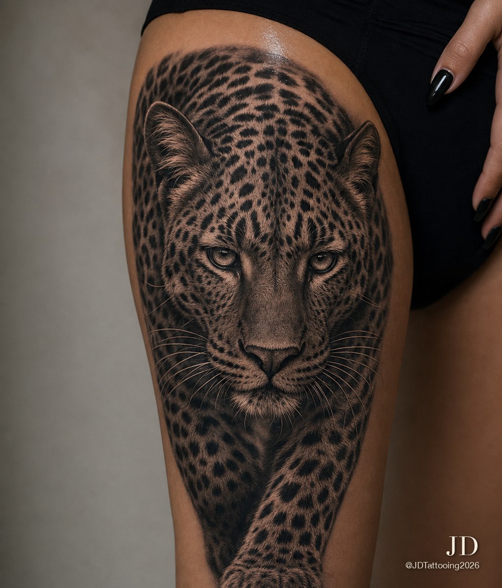 Black-and-grey leopard tattoo by JD Tattooing